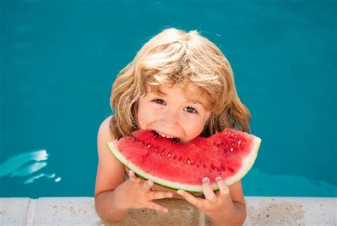 Funny Amazed Child Eats Watermelon Near The Pool Stock Image Image