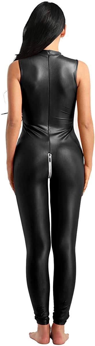 Amazon Com Iiniim Women S One Piece Faux Leather Zipper Crotch Mock Neck Leotard Bodysuit