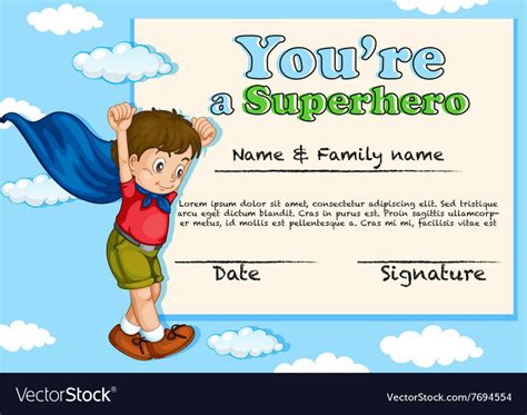 Certificate Design With Boy Being Superhero Vector Image