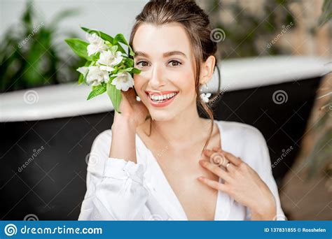 Beautiful Woman With Flower In The Bathroom Stock Image Image Of Nature Beautiful 137831855