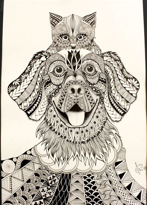 Doodle Zentangle Dog And Cat Drawing By Angelica Oksar Zentangle