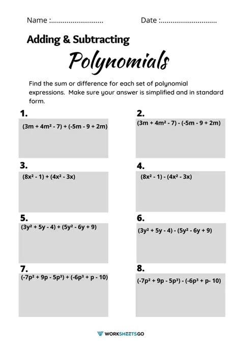 Adding And Subtracting Polynomials Worksheets