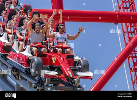 Red Force 112 Mph 367 Foot Ferrari Themed Rollercoaster Ferrari Land Themed Theme Park The