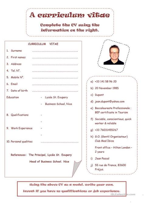 If you want to teach in some of the top schools and universities in the world, our english teacher resume example will inspire you and show some. CURRICULUM VITAE worksheet - Free ESL printable worksheets ...