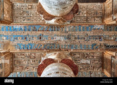 Ceiling With Colored Stone Carving Hieroglyphs And Columns Of Hathor