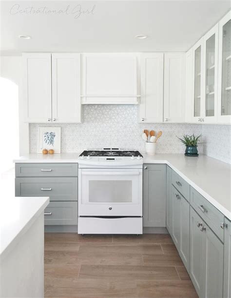Limestone & porcelain long modern mosaic kitchen backsplash tiles. Kitchen with White Top Cabinets and Gray Bottom Cabinets ...