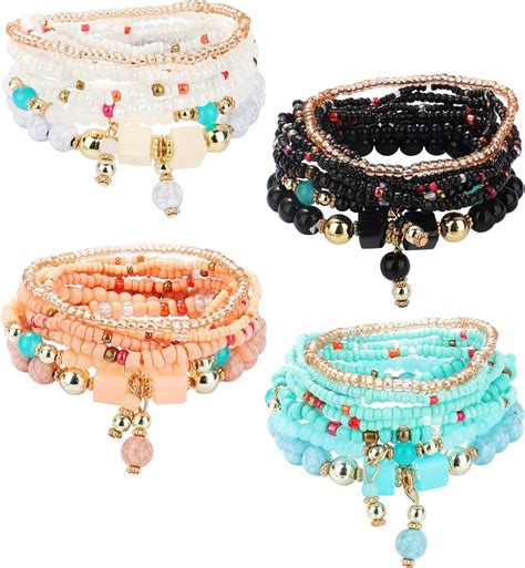 Udalyn 4 Sets Bohemian Stackable Bead Bracelets For Women Multilayered Stretch Beaded Bracelet