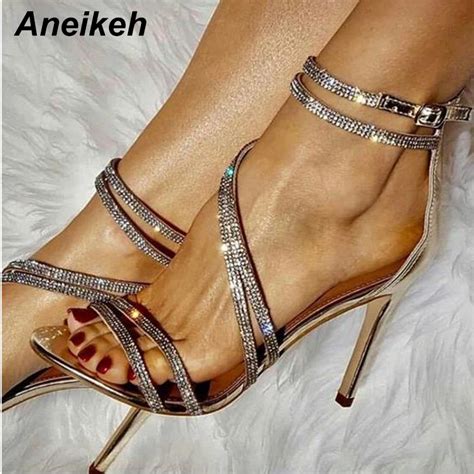Aneikeh Gold Bling Crystal Sexy Women Sandals Open Toe Rhinestone Straps Cross High Heel Sandals