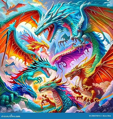 Colorful Dragon Painting On Canvas Digital Illustration Stock