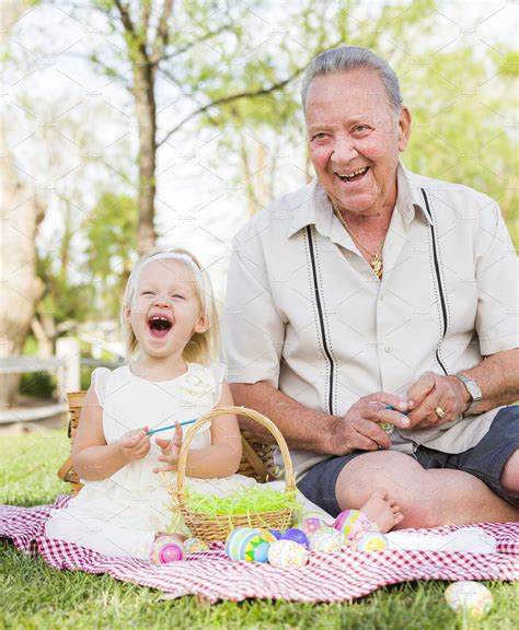 Grandpa And Granddaughter On Easter Containing Man Male And Love