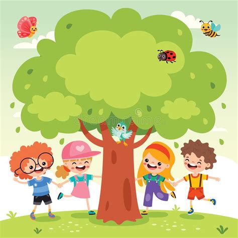 Cartoon Children Playing Under Tree Stock Illustration Illustration