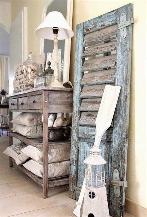 Vintage Shutter Decor Leaning On Wall And The Rustic Storage Side Table