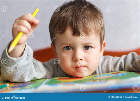 Little Boy Drawing With Color Pencils Stock Photo Image Of Homework