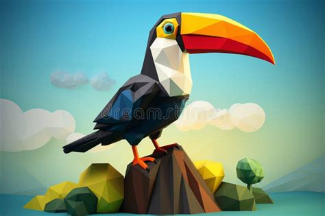 Exquisite Colorful Toucan Bird Low Poly In Lush Green Tropical