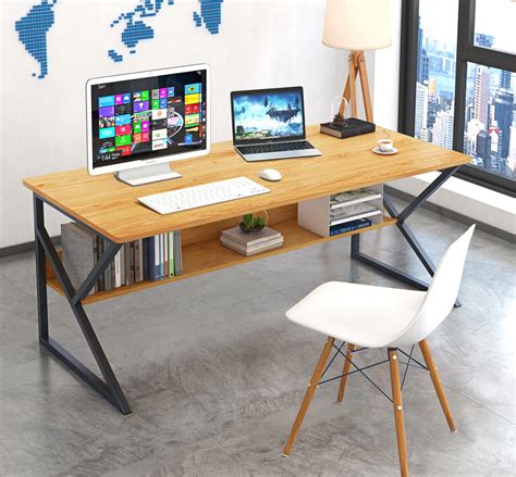 Rectangle coffee wood computer desk with bookshelf: Wood & Metal Computer Desk