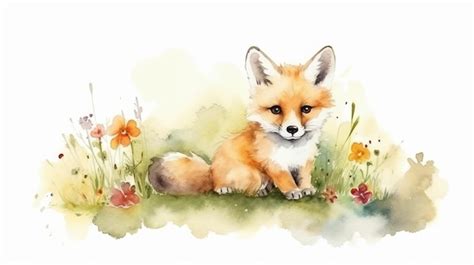 Premium Ai Image Watercolor Painting Of A Cute Baby Fox