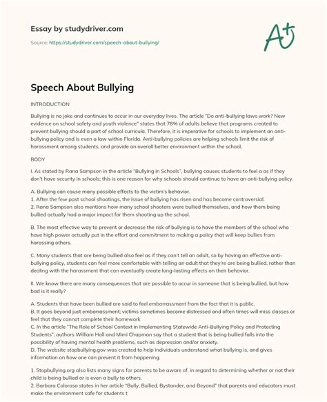 speech about bullying free essay example