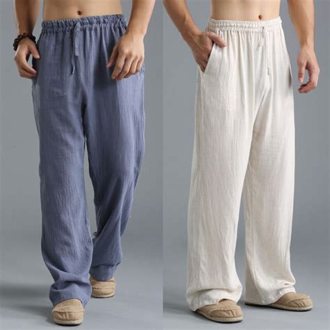 Men Linen Cotton Baggy Pants Elasticated Waist Kung Fu Martial Art