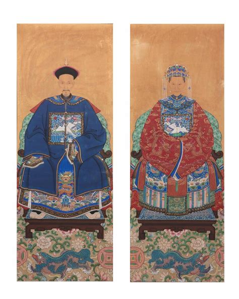 A Pair Of Chinese Ancestral Portraits Late 19th Century