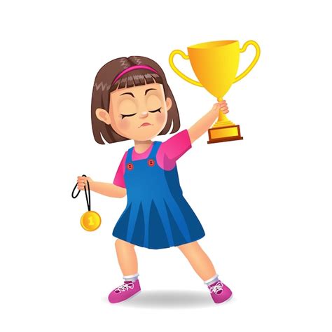 Premium Vector Happy Girl Kid With Trophy Cup And Medal