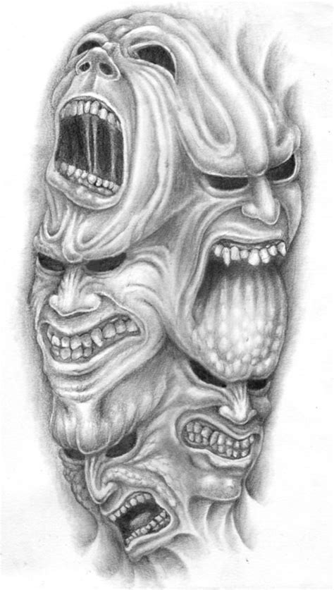 Cool Grey Ink Demon Heads Eating Each Other Tattoo Design