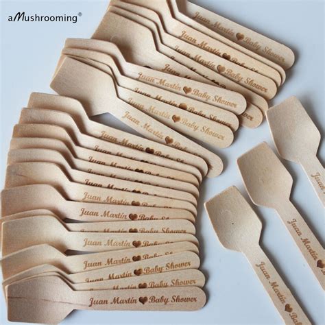 X100 Flat Wooden Spoons With Heart Symbol Personalized Baby Shower