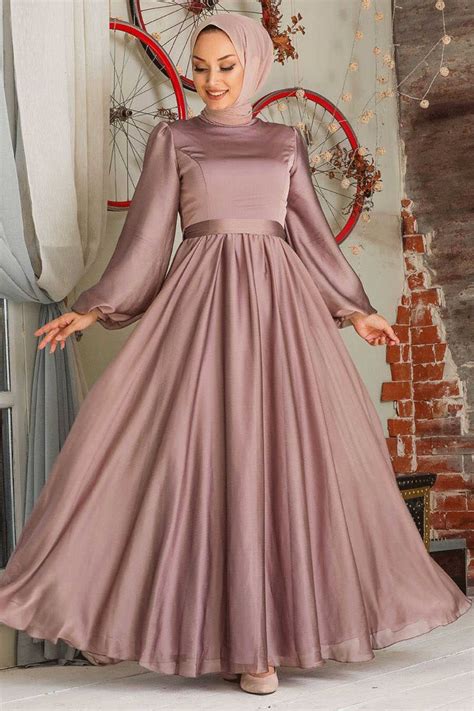 Satin Chiffon Modest Gown In Pink Champagne 10999 In 2021 Hijab Evening Dress Islamic