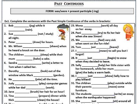 The Past Continuous Tense Worksheet With Pictures And Words On It