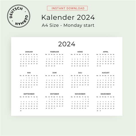 Kalender 2024 Kalender Deutsch Jahreskalender 2024 Yearly Calendar 2024