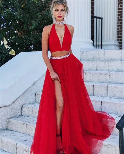Red Evening Gowns Two Piece Prom Dress High Neck Prom Dress Tulle Prom