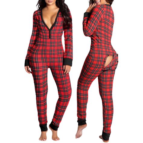 Womens Sexy Butt Button Back Flap Onesies Christmas Pajamas V Neck Long Sleeve Romper Bodycon