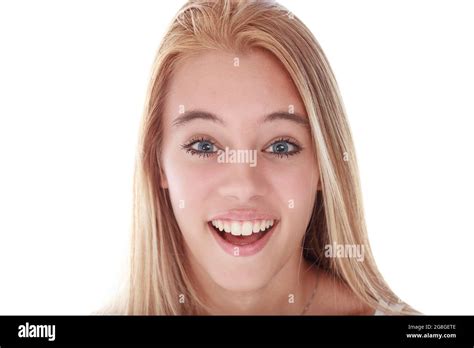 Smiling Portrait Of Beautiful Surprise For A Blonde White Girl Open