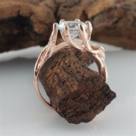 Aquamarine Single Leaf Vine Engagement Ring 6 Prong 14k Rose Gold By