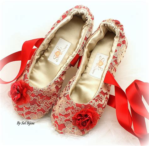 Red And Gold Wedding Ballet Shoes Lace Bridal Flats Etsy