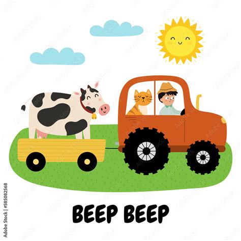 Beep Beep Print With Cute Boy And Cat On A Tractor Carrying A Cow