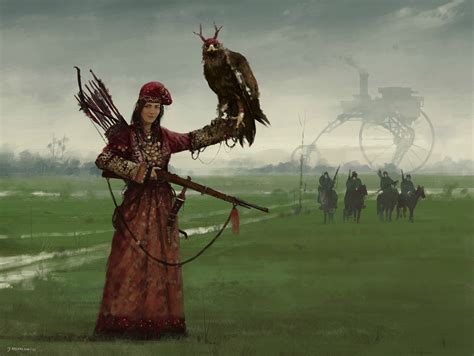 Digital Art Women Warrior Weapon Arrows Birds Army Horse