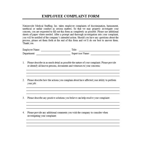 printable employee complaint form template