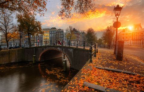 Wallpaper Autumn Sunset Bridge The City Foliage Home Amsterdam