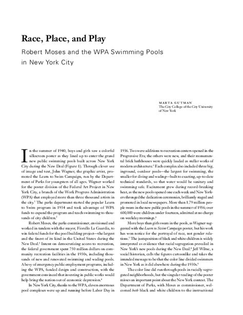 Pdf Race Place And Play Robert Moses And The Wpa Swimming Pools