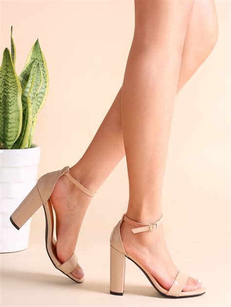 Nude Patent Leather Open Toe Ankle Strap Heeled Sandals Sheinsheinside