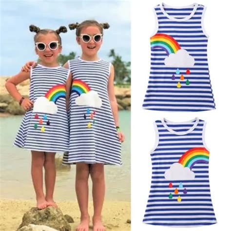 1 6y Baby Kids Girls Sister Rainbow Striped Summer Dress Party Sundress