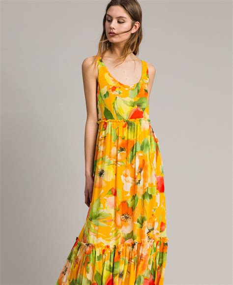 98% pl (polyester) 2% ea (elastam). Abito lungo in georgette a fiori Donna, Fantasia | TWINSET ...