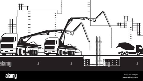 Concrete Pump Trucks On Construction Site Vector Illustration Stock