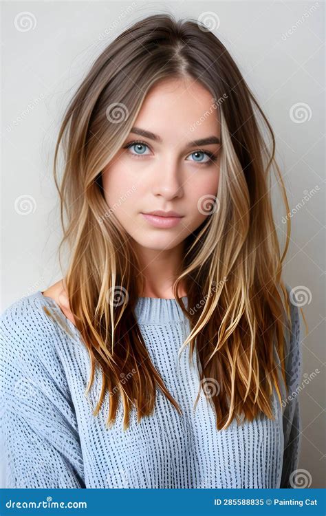Portrait Of A Beautiful Young Woman With Blue Eyes And Long Hair Stock