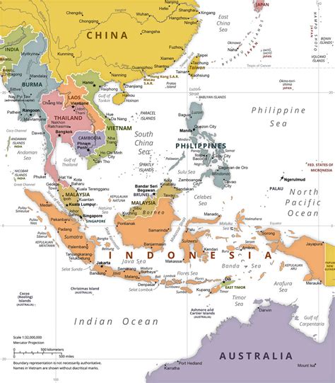 Kort over Southeast Political Asia Map ǀ Bykort og verdenskort plakater