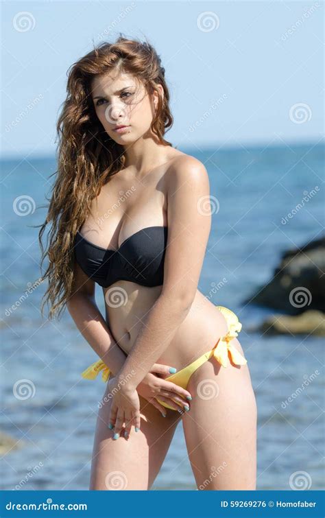 giovane femmina adulta in bikini senza spalline e grande seno fotografia stock immagine di