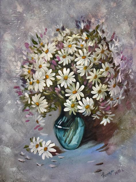 Daisies Oil Painting Original White Lilac Flowers On Canvas Wall Art