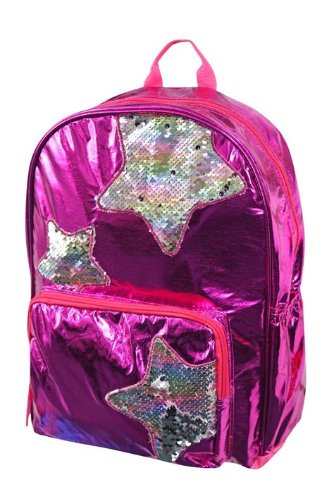 Girls 16 Pink Metallic Foil Backpack W Reversible 2 Way Flip Sequin Multicolor Stars School