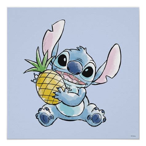 Watercolor Stitch Holding Pineapple Poster Zazzle Lilo And Stitch