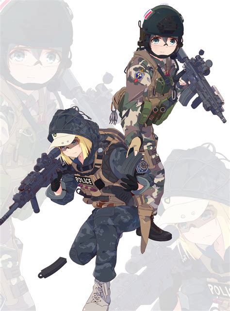 safebooru 2girls aiming assault rifle backpack bag baseball cap blonde hair blue eyes
